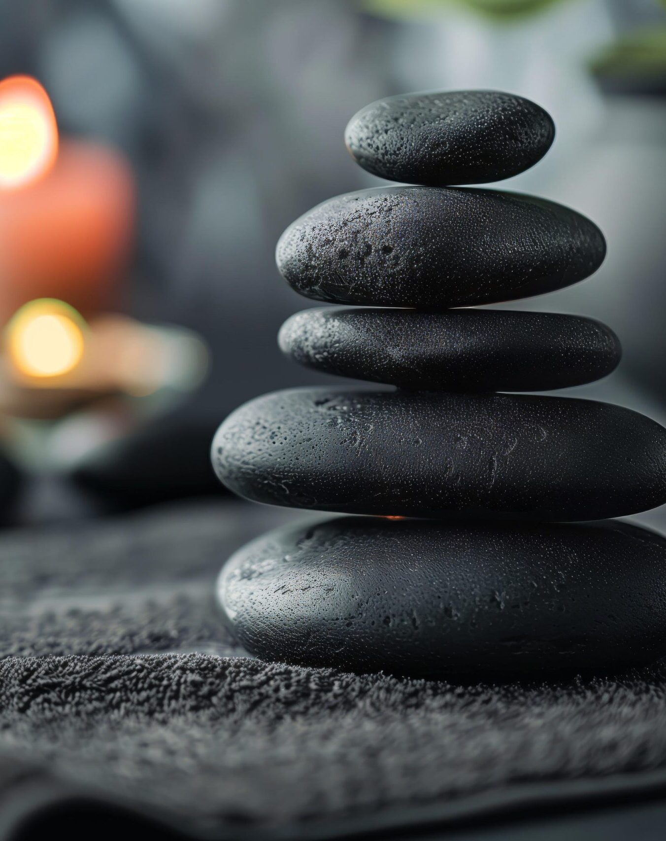 Hot Stone stehen für die Massage bereit auf einem Tuch.